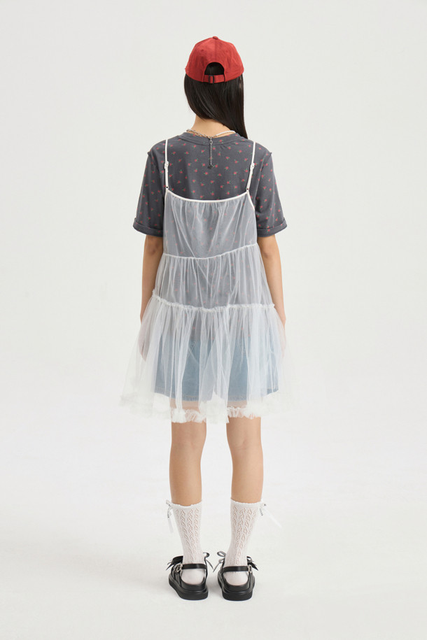 LUCKY CHOUETTE - 반소매 티셔츠 - Flower Print Basic Half Sleeve T-shirt (dark grey)