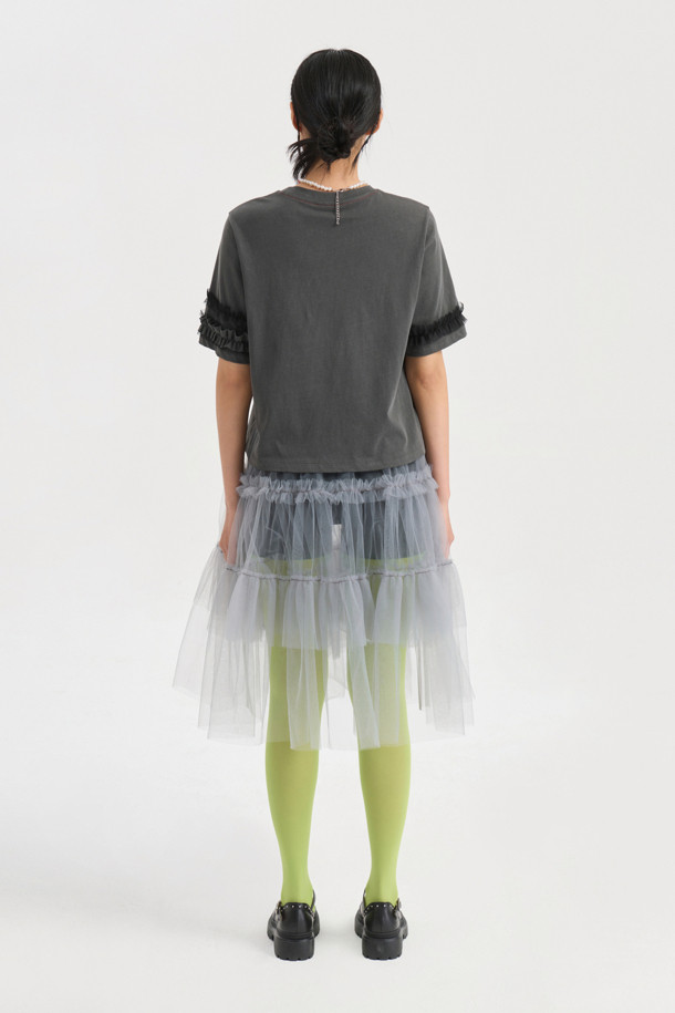 LUCKY CHOUETTE - 반소매 티셔츠 - Frill Half Sleeve T-shirt (dark grey)