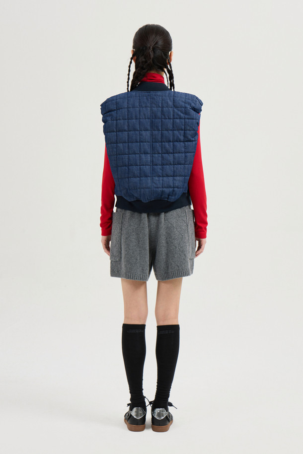 LUCKY CHOUETTE - 패딩 - Emblem Quilting Denim Like Padded Vest (blue)