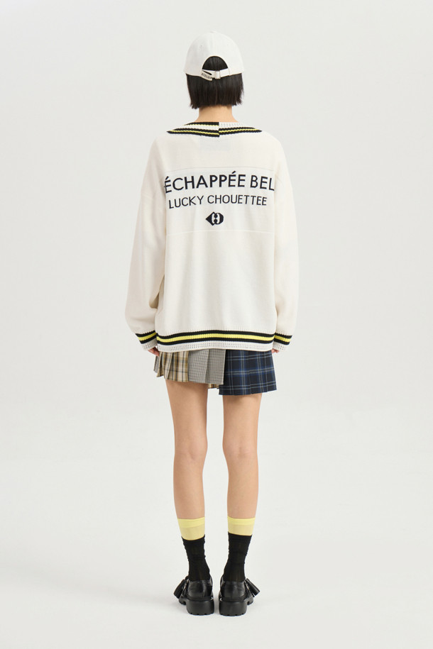 LUCKY CHOUETTE - 가디건 - Color Line Back Lettering Knit Cardigan (ivory)