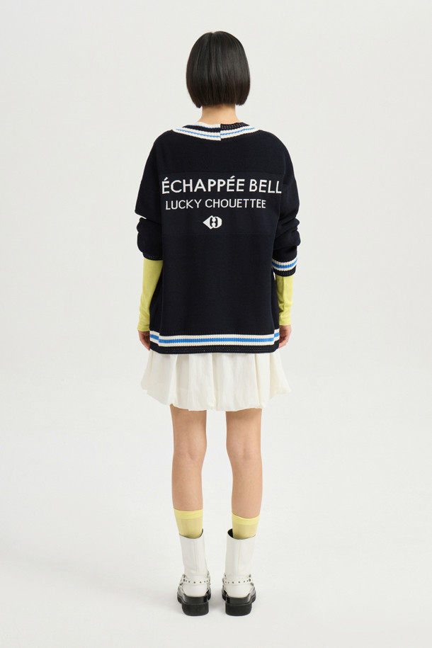 LUCKY CHOUETTE - 가디건 - Color Line Back Lettering Knit Cardigan (dark navy)