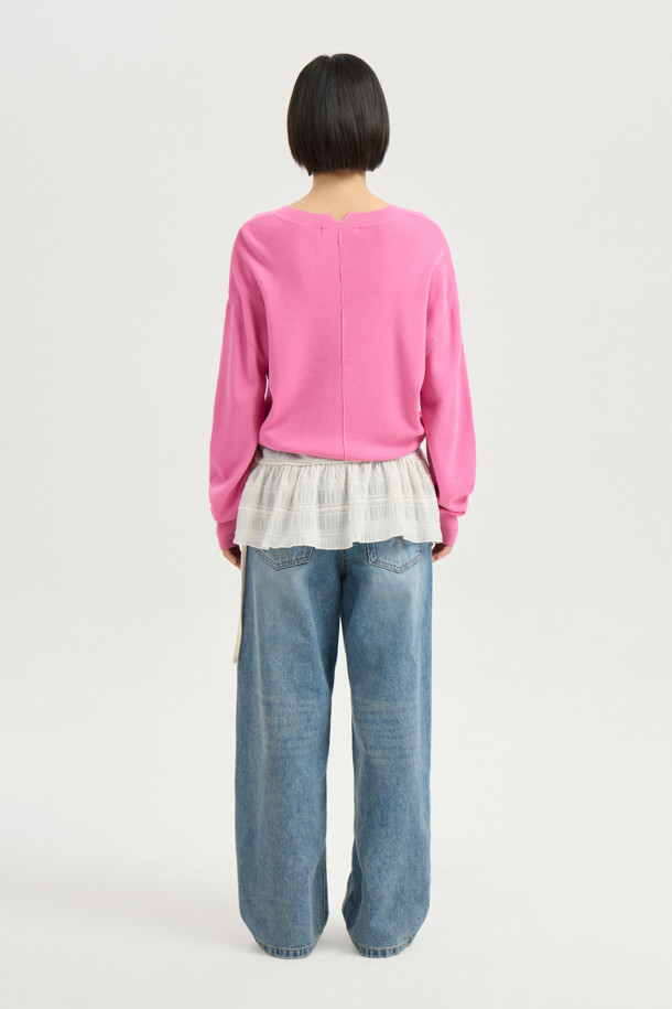 LUCKY CHOUETTE - 가디건 - Double Emblem Embroidery V Neck Knit Cardigan (pink)