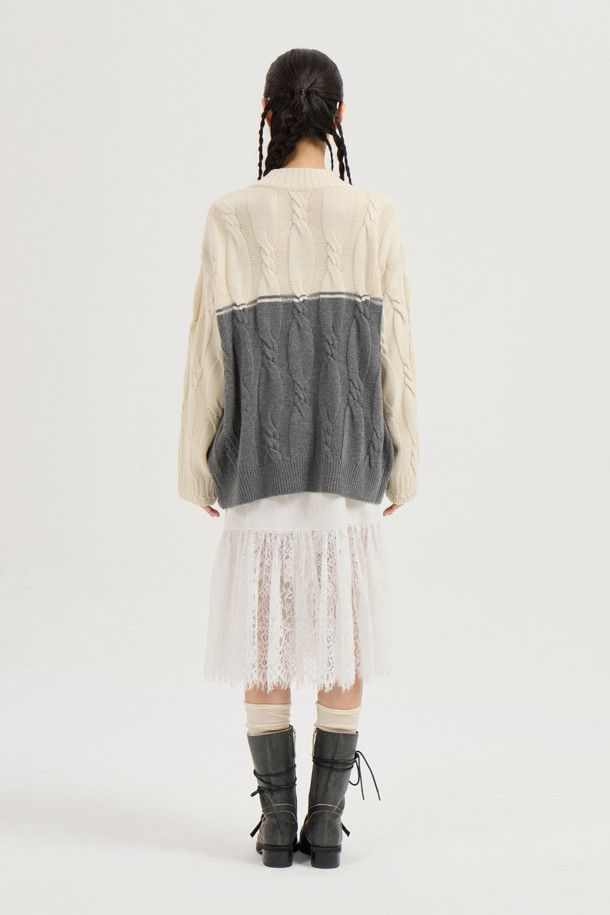 LUCKY CHOUETTE - 가디건 - Half Colored Cable Jumper-Type Knit Cardigan (ivory)