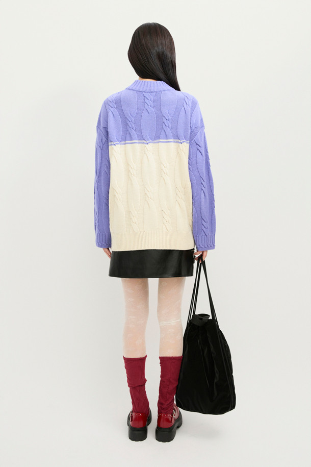 LUCKY CHOUETTE - 가디건 - Half Colored Cable Jumper-Type Knit Cardigan (violet)