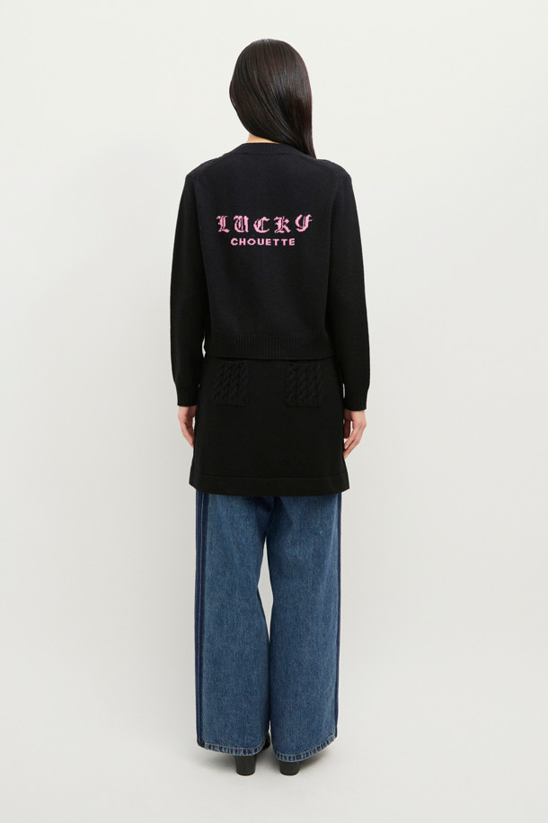 LUCKY CHOUETTE - 가디건 - Back Lucky Lettering Knit Cardigan (black)