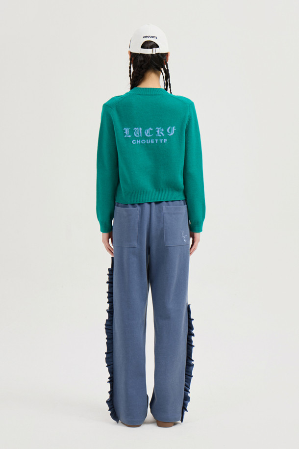 LUCKY CHOUETTE - 가디건 - Back Lucky Lettering Knit Cardigan (green)