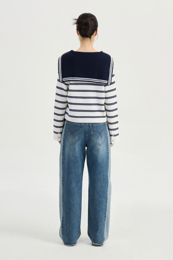 LUCKY CHOUETTE - 가디건 - Stripe Crop Knit Cardigan (ivory)