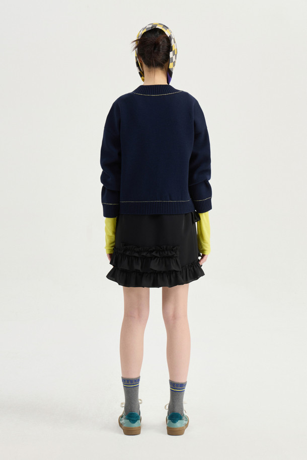 LUCKY CHOUETTE - 가디건 - V-neck Zip-up Knit Cardigan (dark navy)