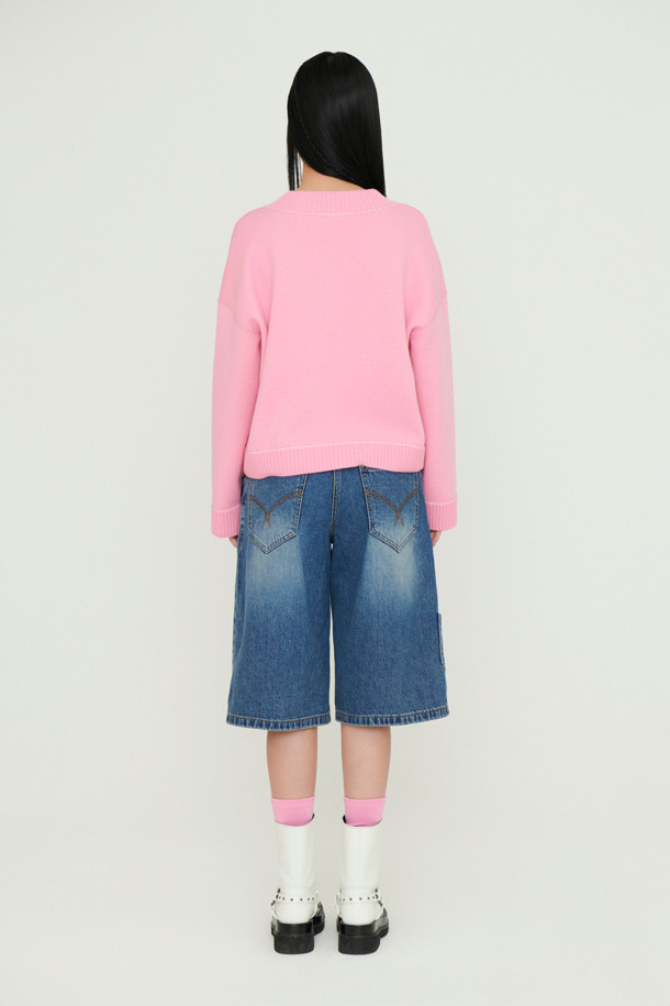 LUCKY CHOUETTE - 가디건 - V-neck Zip-up Knit Cardigan (pink)