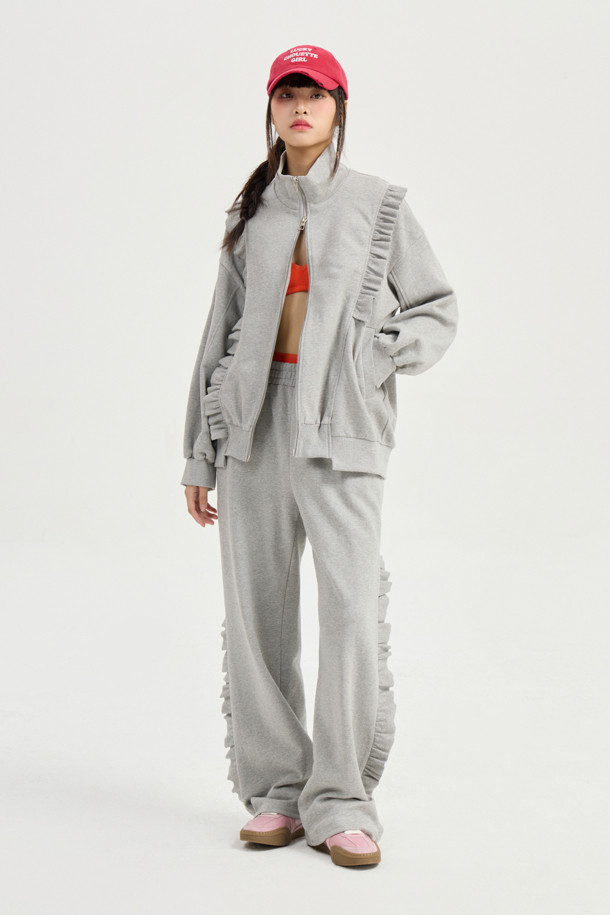 LUCKY CHOUETTE - 롱/미디팬츠 - [Online-Exclusive] Frill-pointed Jersey Banding Pants (dark grey)