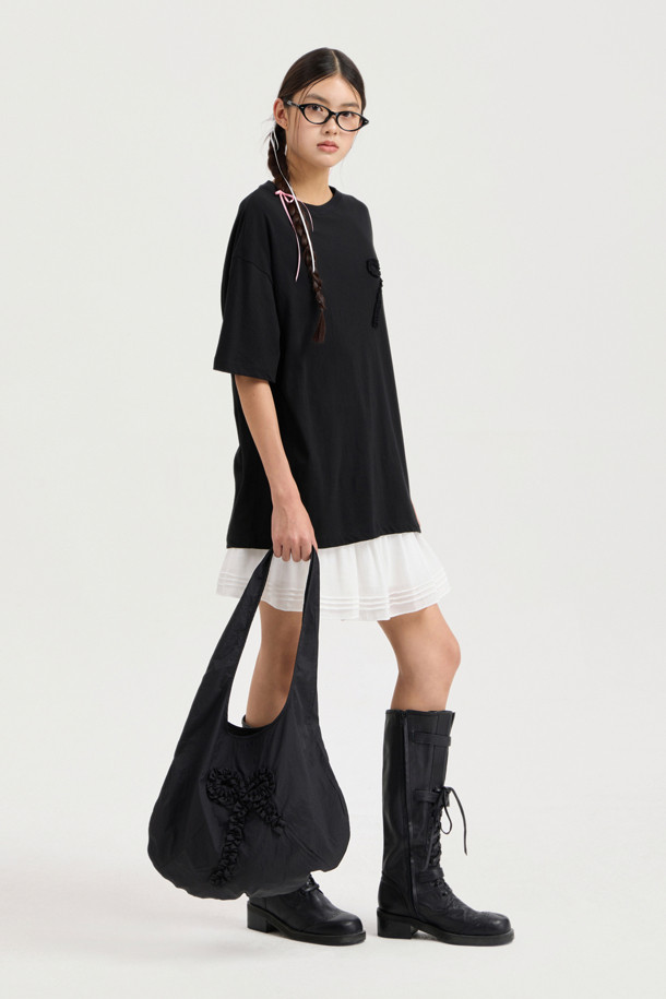 LUCKY CHOUETTE - 반소매 티셔츠 - Chouetties by LUCKY CHOUETTE_Ribbon Point Loose Fit Half Sleeve T-shirt (black)