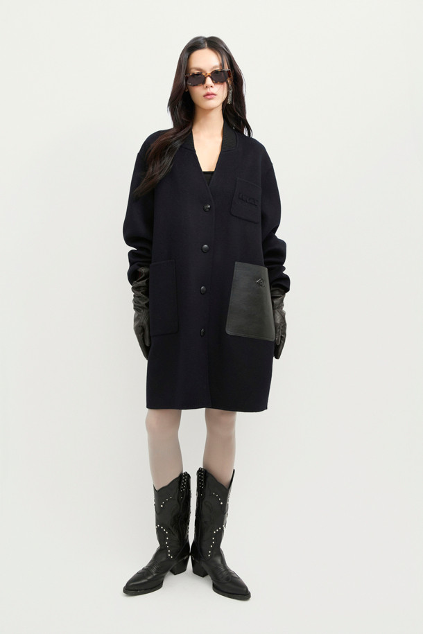 LUCKY CHOUETTE - 코트 - [Handmade] Collarless Leather Pocket Coat (dark navy)