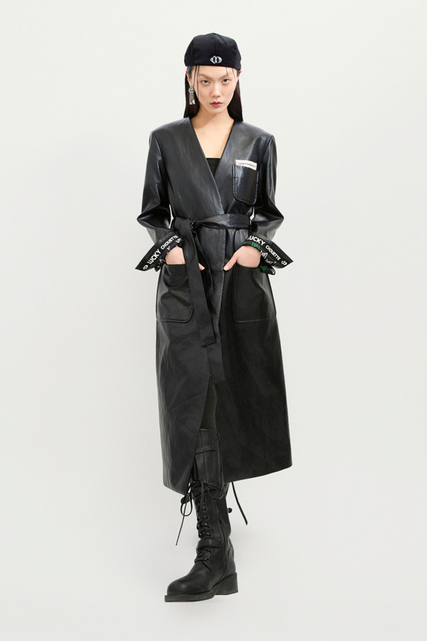 LUCKY CHOUETTE - 코트 - Fake Leather Long Fabric Belt Coat (black)