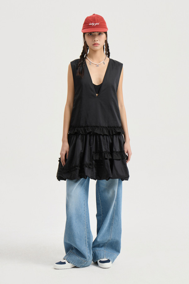 LUCKY CHOUETTE - 민소매 원피스 - V Neck Frill Mini Dress (black)