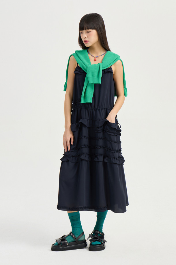 LUCKY CHOUETTE - 민소매 원피스 - Frill Slip Long Dress (dark navy)