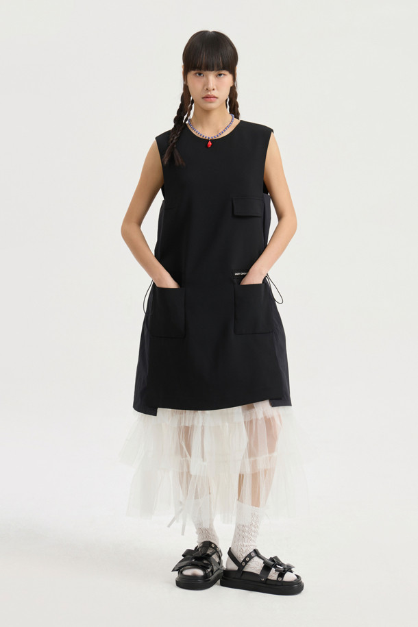 LUCKY CHOUETTE - 민소매 원피스 - Texture Mix Mini Dress (black)