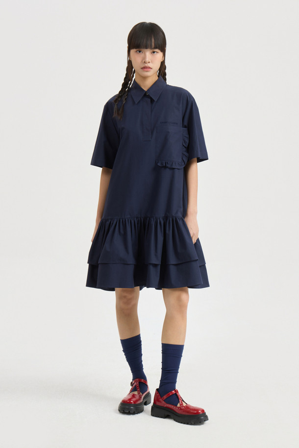 LUCKY CHOUETTE - 반소매 원피스 - Hem Frill Half Sleeve Cotton Shirt Dress (dark navy)