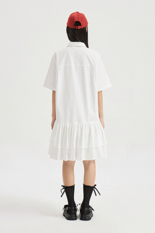 LUCKY CHOUETTE - 반소매 원피스 - Hem Frill Half Sleeve Cotton Shirt Dress (white)