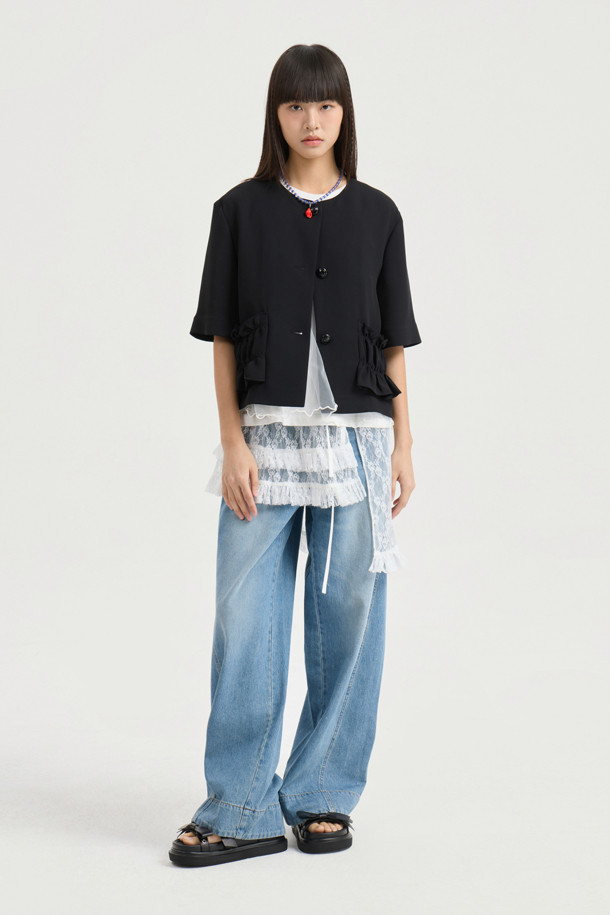 LUCKY CHOUETTE - 자켓 - Poly Half Sleeve Crop Jacket (black)