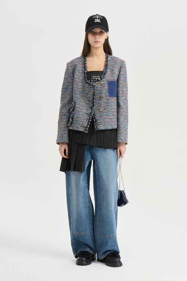 LUCKY CHOUETTE - 자켓 - [Atelier] Denim Pocket U-Neck Tweed Jacket (multi color)