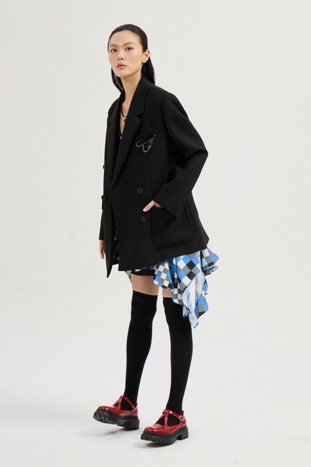 LUCKY CHOUETTE - 자켓 - Solid Brooch Double Jacket (dark black)