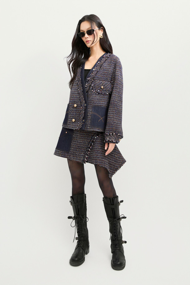 LUCKY CHOUETTE - 자켓 - Denim Patch Eyelet Pocket Tweed Jacket (dark navy)