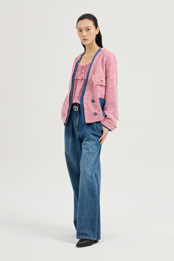 LUCKY CHOUETTE - 자켓 - Denim Patch Eyelet Pocket Tweed Jacket (pink)