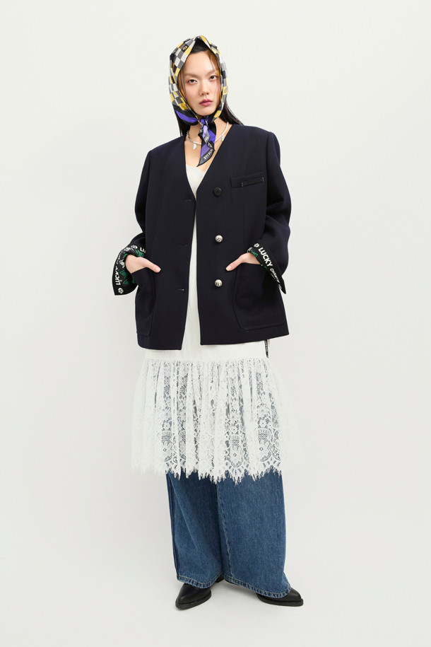 LUCKY CHOUETTE - 자켓 - V-neck Collarless Half Jacket (dark navy)