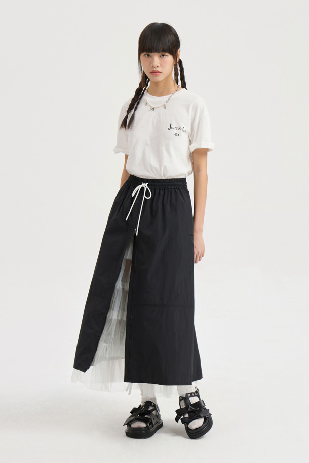LUCKY CHOUETTE - 롱스커트 - Front Zipper A Line Banding Long Skirt (black)
