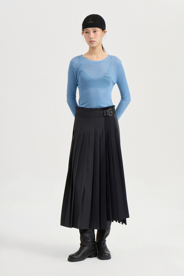 LUCKY CHOUETTE - 롱스커트 - [Atelier] Check Solid Mix Long Pleats Skirt (grey)