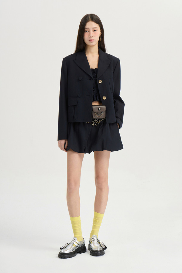 LUCKY CHOUETTE - 미니스커트 - [Atelier] Wool Cotton Shirring Mini Skirt (dark navy)