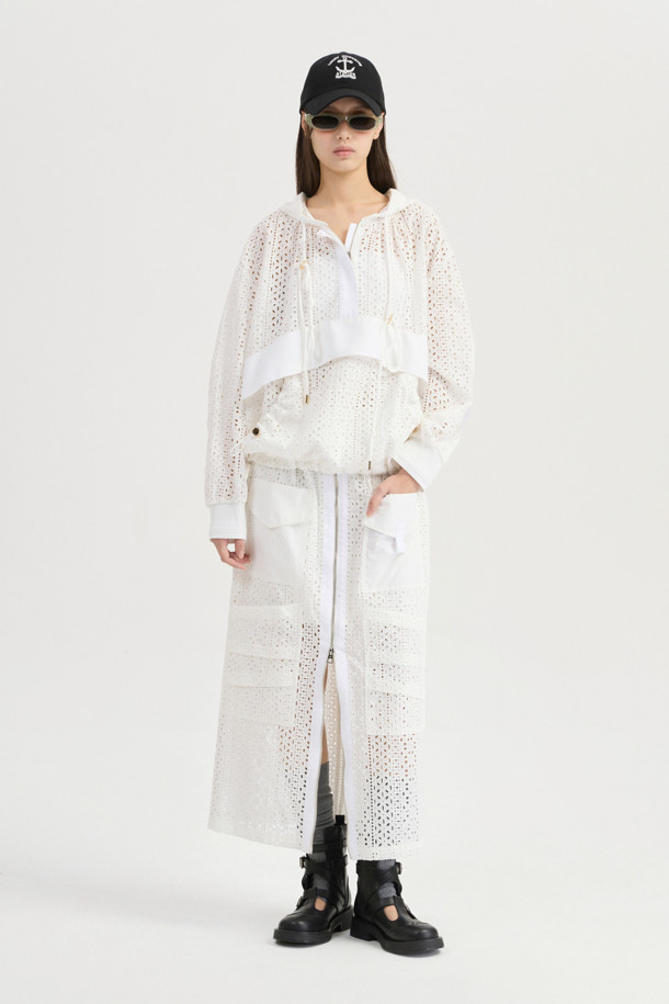 LUCKY CHOUETTE - 롱스커트 - [Atelier] Eyelet Lace Back Banding Long Skirt (white)