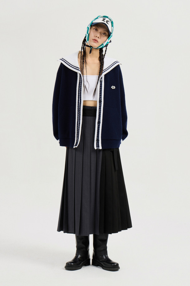 LUCKY CHOUETTE - 롱스커트 - Solid Stripe MIX Pleated Long Skirt (black)