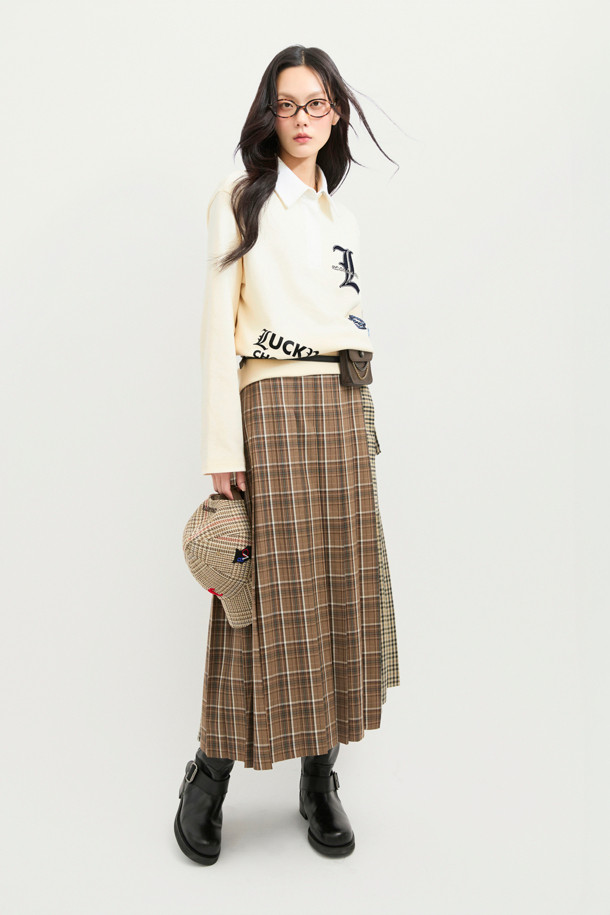 LUCKY CHOUETTE - 롱스커트 - Checkered MIX Pleated Long Skirt (beige)