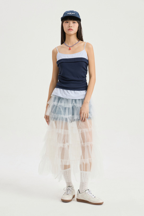 LUCKY CHOUETTE - 롱스커트 - Frill Mesh Banding Long Skirt (ivory)
