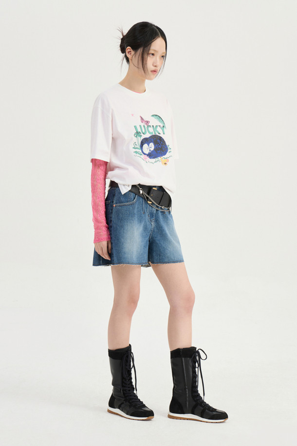 LUCKY CHOUETTE - 쇼트팬츠 - Color Block Denim Shorts (blue)