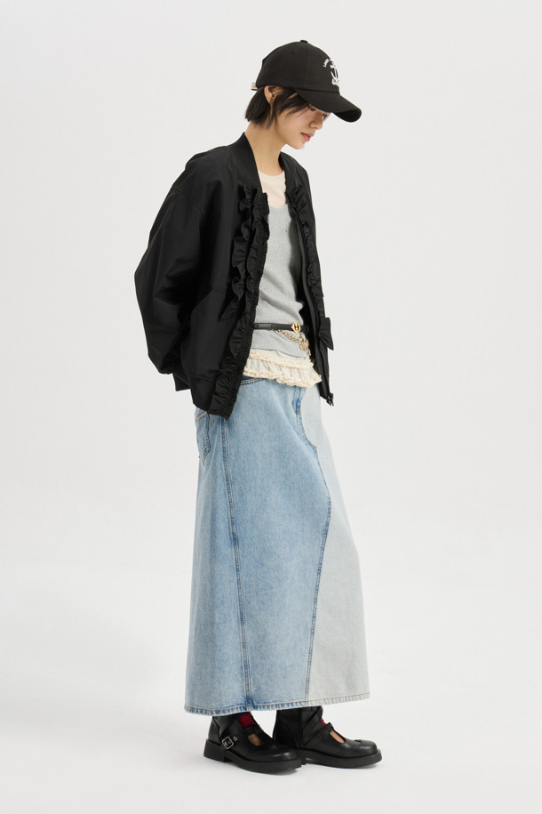 LUCKY CHOUETTE - 롱스커트 - Back Banding Color Block Long Denim Skirt (blue)