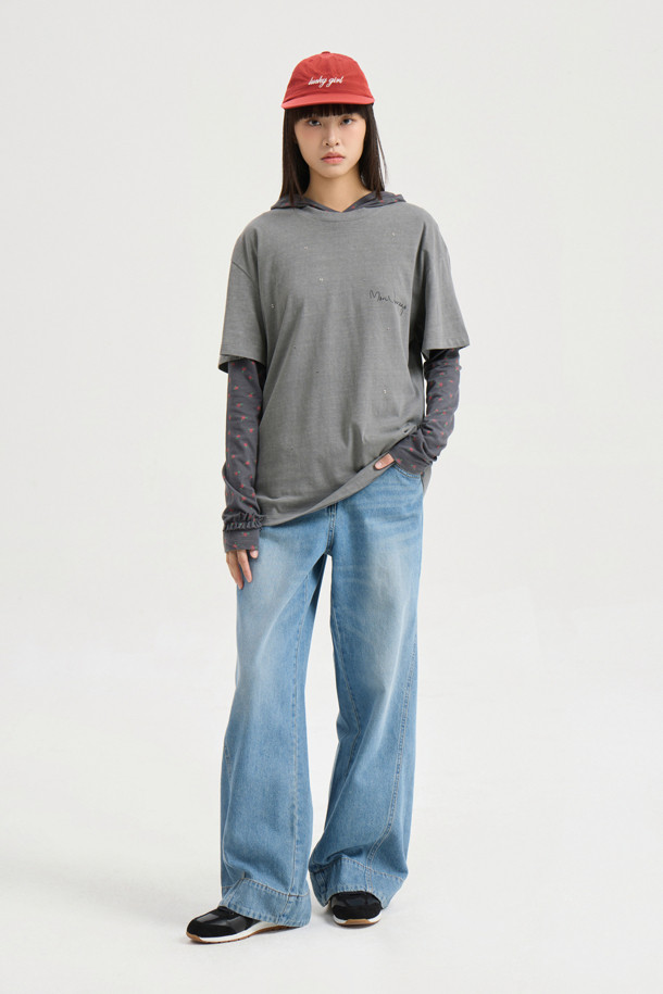 LUCKY CHOUETTE - 롱/미디팬츠 - Wappen Point Back Banding Denim Pants (blue)