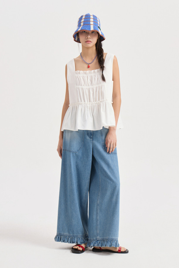 LUCKY CHOUETTE - 롱/미디팬츠 - [Re-Order] Hem Frill Back Banding Wide Denim Pants (blue)