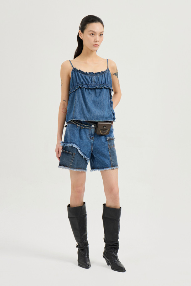 LUCKY CHOUETTE - 블라우스 - Frill Denim Top (blue)