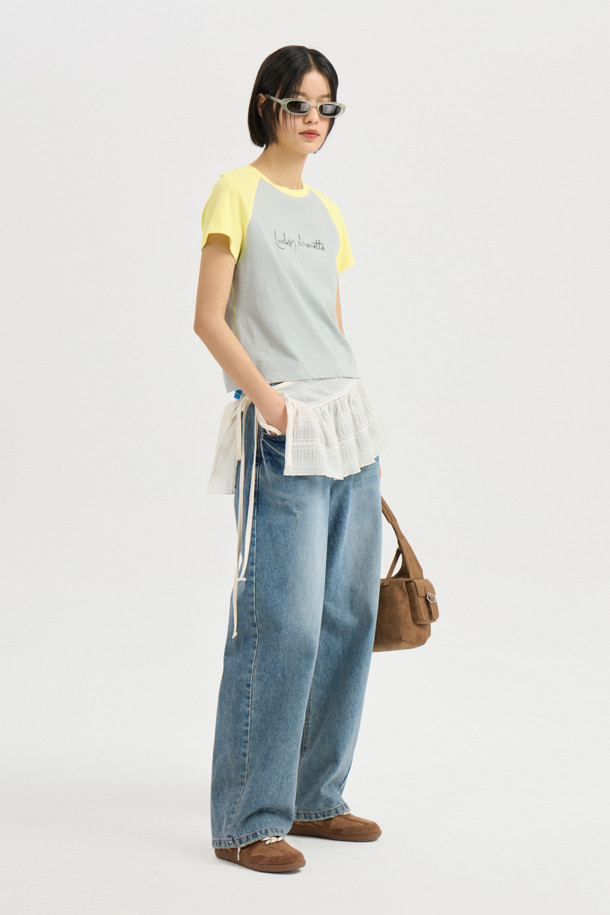 LUCKY CHOUETTE - 롱/미디팬츠 - Waist-banded Denim Pants (blue)