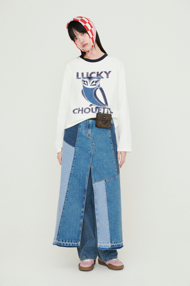 LUCKY CHOUETTE - 롱스커트 - Color Patch Denim Long Skirt (blue)