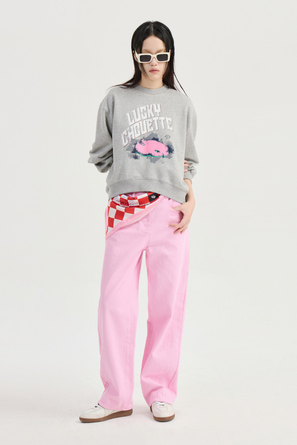 LUCKY CHOUETTE - 롱/미디팬츠 - Waist Coloring Cocoon Fit Denim Pants (pink)