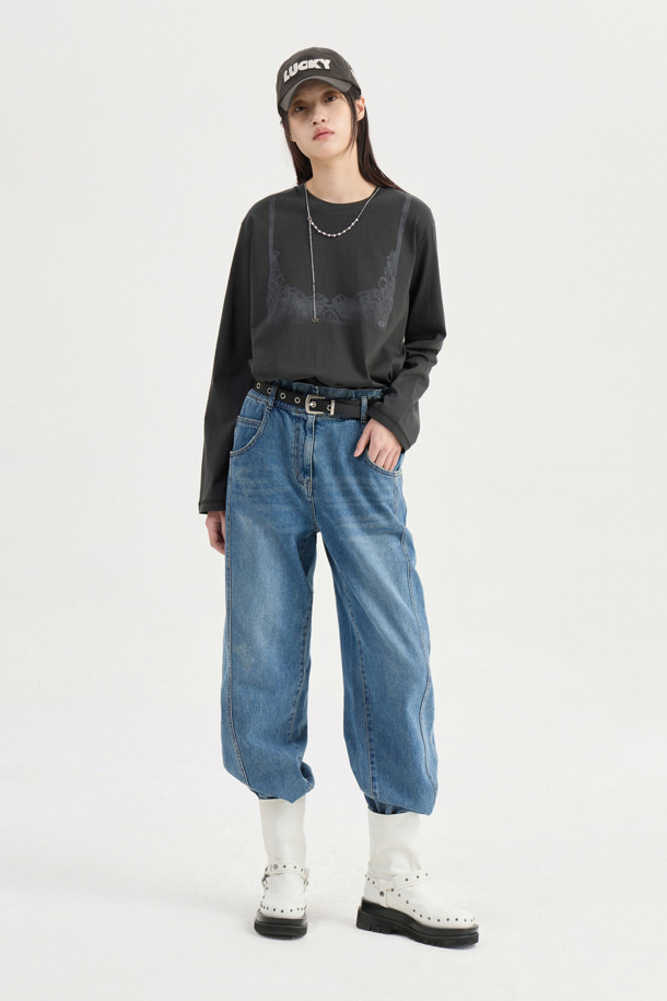 LUCKY CHOUETTE - 롱/미디팬츠 - Waist Banding Denim Pants (blue)