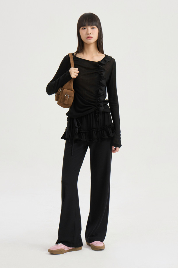 LUCKY CHOUETTE - 롱/미디팬츠 - Frill Overlap Jersey Banding Pants (black)