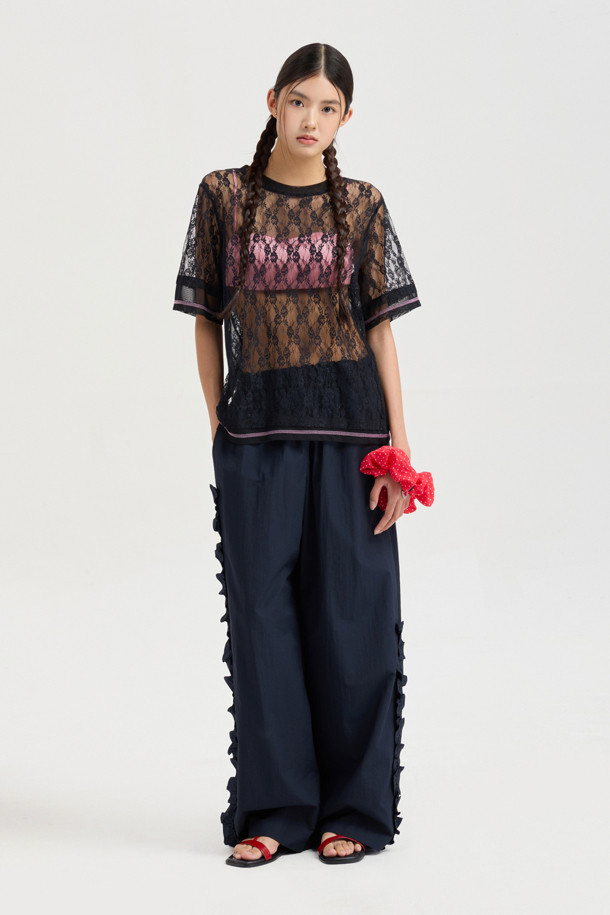 LUCKY CHOUETTE - 롱/미디팬츠 - Frill Point Banding Pants (dark navy)