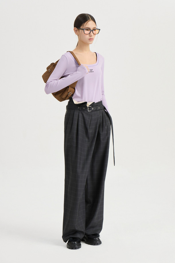 LUCKY CHOUETTE - 롱/미디팬츠 - [Atelier] Obi Point Check Wide Pants (grey)