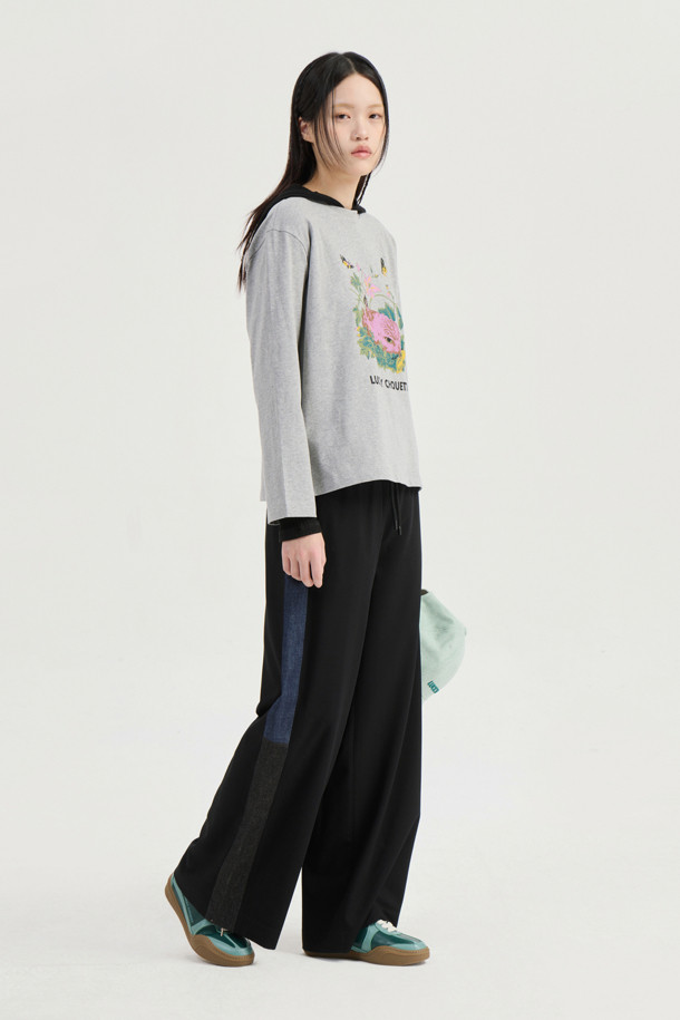 LUCKY CHOUETTE - 롱/미디팬츠 - Waist Color Banding Wide Pants (black)