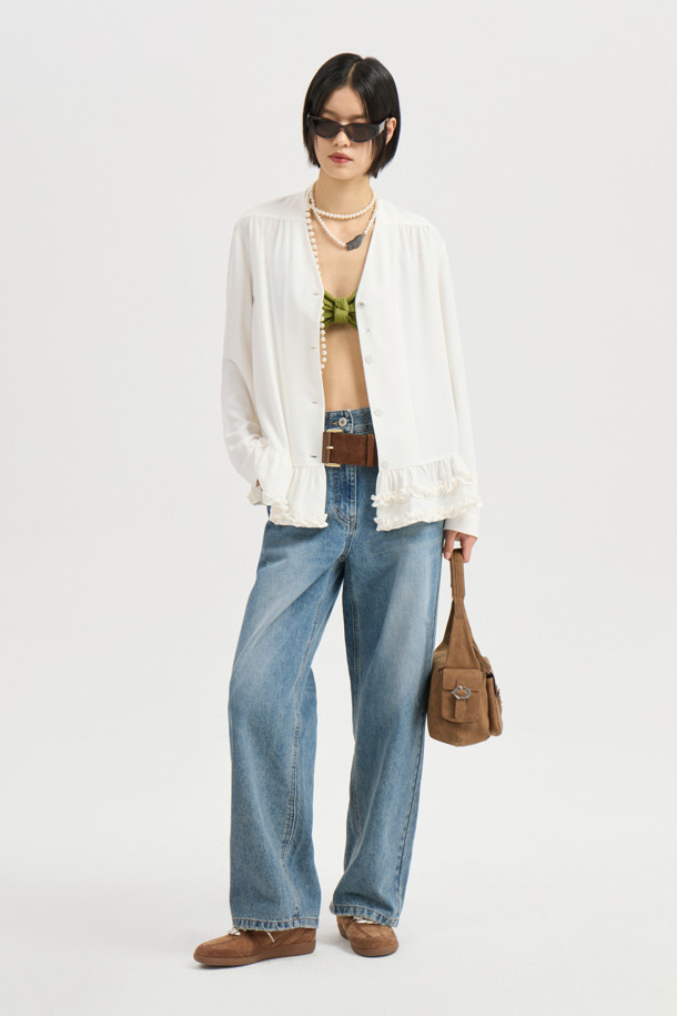 LUCKY CHOUETTE - 블라우스 - Shirring Point Poly Long Sleeve Blouse (ivory)