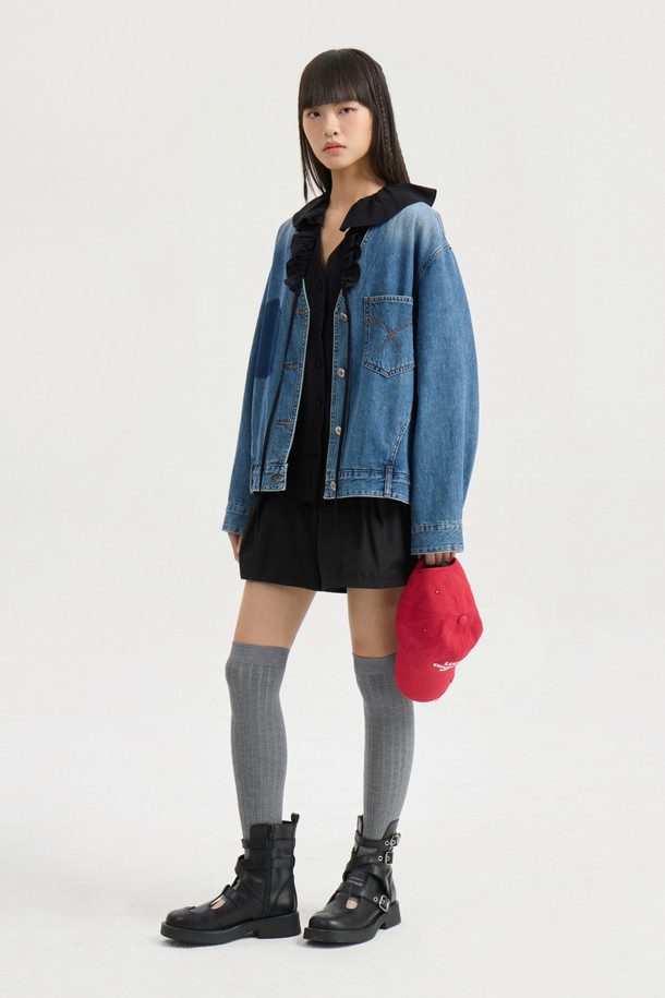 LUCKY CHOUETTE - 블라우스 - Full Open Frill Half Sleeve Blouse (black)